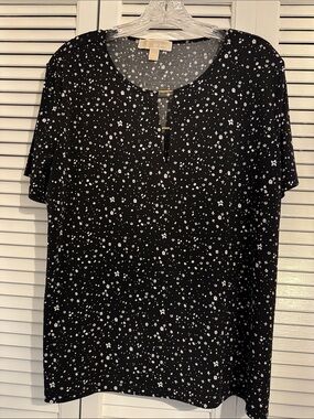 Michael Kors Black with White Micro Floral Short Sleeve Blouse